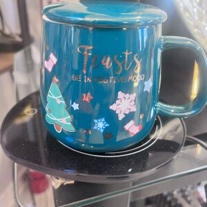 Festive Blue Mug with Holiday Graphics